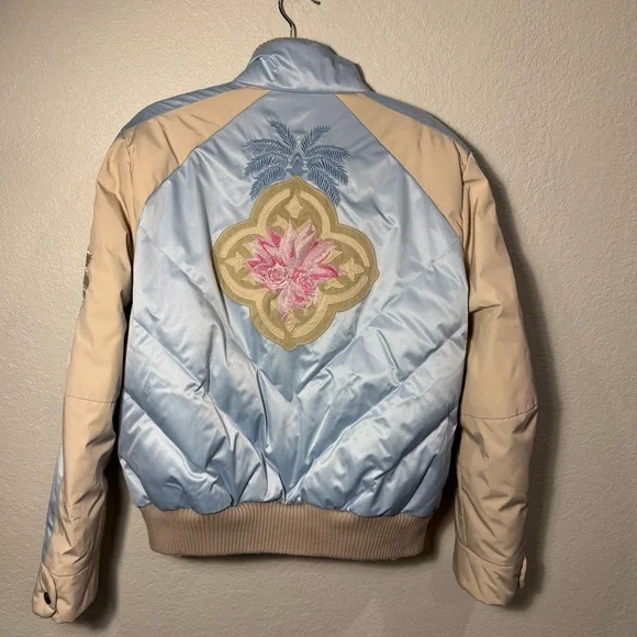 BOGNER Cream Blue Goose Down Floral Embroidered Zip Front Quilted Ski Jacket 10 - Picture 1 of 12